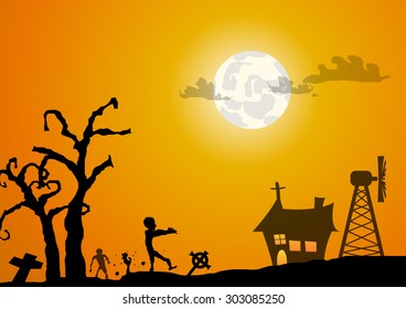 Vector : Zombies graveyard and house halloween background