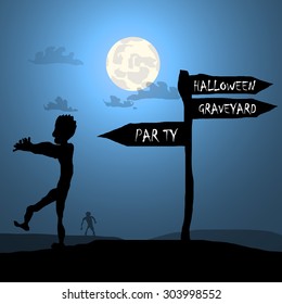 Vector : Zombies and sign with halloween background