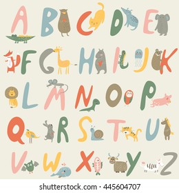 Vector zoo alphabet with cute animals in cartoon style