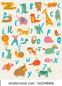 Vector zoo alphabet with cute animals in cartoon style