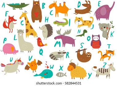Vector zoo alphabet with cute animals in cartoon style