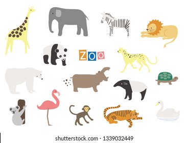 Vector Zoo Animals. Many different animals, giraffe, elephant, panda, polar bear, koala, flamingo, hippopotamus, monkey, zebra, lion, panther, turtle, tiger, swan, tapir.