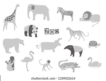 Vector Zoo Animals. Many different animals, giraffe, elephant, panda, polar bear, koala, flamingo, hippopotamus, monkey, zebra, lion, panther, turtle, tiger, swan, tapir.