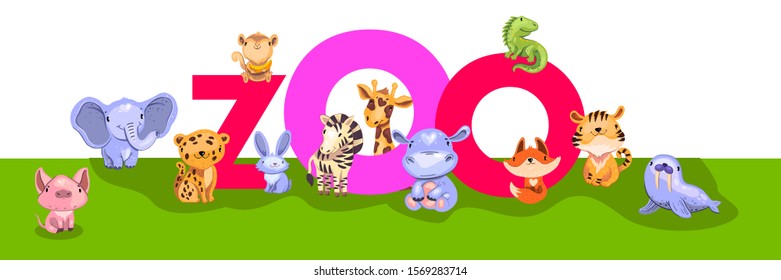 Vector zoo banner with big letters and little baby animals – pig, elephant, fox, tiger, zebra, hippo, giraffe, jaguar, iguana, seal. Tropical and forest animals on green and white background.  