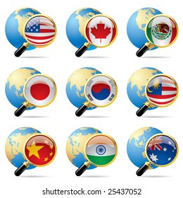 Vector zoom world flag icons with a globe