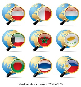 Vector zoom world flag icons with a globe