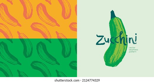 Vector zucchini pattern seamless. Hand drawn courgettes drawings, zucchinis illustrations. Vegetarian restaurant banner. Botanical ornament. Vegetable backdrop for organic label. Squash wallpaper.