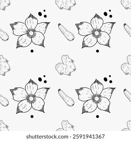 Vector zucchini seamless pattern. Zucchini slices, flowers and leaves on a white background. Handmade graphics. For menu design, textiles, print.