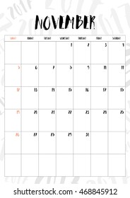 vector,2017 calendar November month with table on 2017 pattern background, Fit on A4 size.