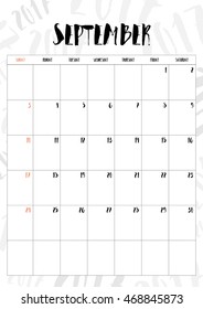 vector,2017 calendar September month with table on 2017 pattern background, Fit on A4 size.