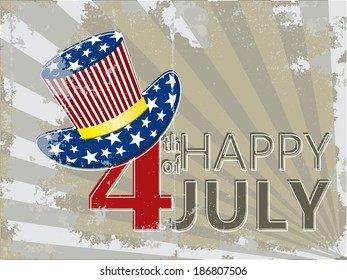 Vector4th of July text with hat on grunge background.