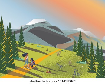 Vector-A romantic young couple at mountain trail, a famous mountain in America, tree, forest,wild flower Mt. Rainier National Park, USA.Vector Summer or Spring landscape,The weather landscape of USA