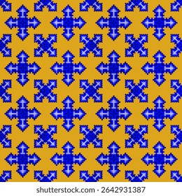 vector,A seamless geometric pattern featuring blue arrow-like crosses arranged in a repeating grid on a vibrant orange background. Ideal for textile design, wallpaper, and digital backgrounds.