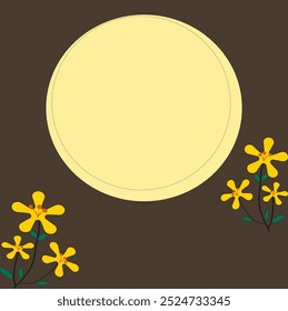 Vector,A soft yellow moon stands out in the center of the picture, with six yellow flowers and a brown background.