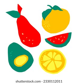 Vector.Abstract fruit.Orange.Tangerine.Watermelon.Pear.Summer.Cutted.Avocado Lemon.Grapefruit.Taste.Sweetness.Wall decoration set.Minimalism. Abstract .EPS10