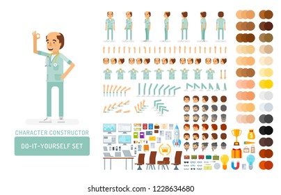 Vectoradult man in doctor coat with stethoscope do-it-yourself creation kit. Full length, gestures, emotions - all character constructor elements for building your own design.