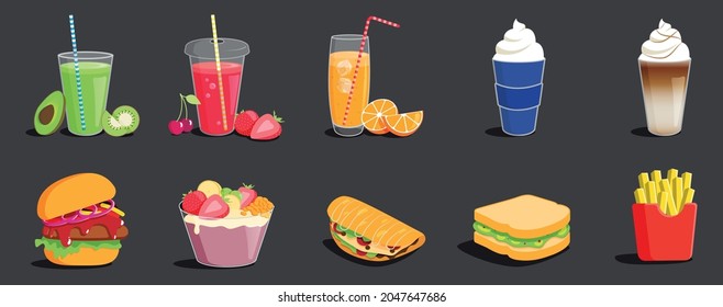 Juego de Ilustración de Alimentos y Bebidas Coloridas Vectorales 