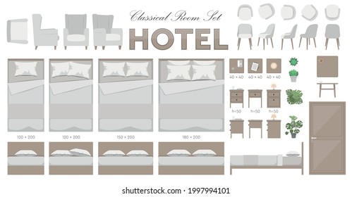 Vectoral Editable Hotel Room Furniture Set in Plan and Elevation Forms