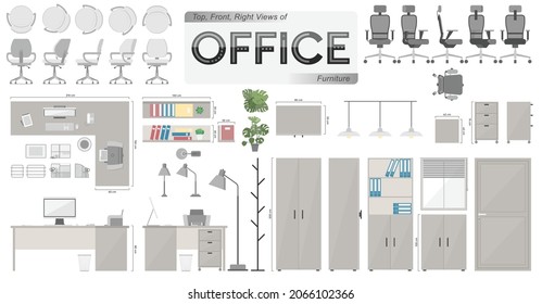 Vectoral Furniture Set of Office Furniture. Top and Side Views are Available for Interior Design and Architectural Drawings