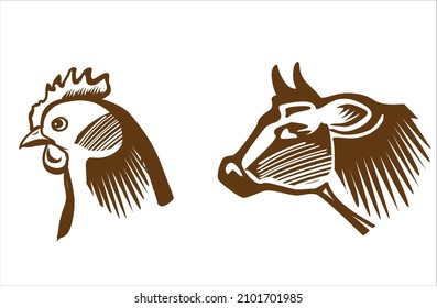 Vectoral hand drawn icons of cow (calf) and chicken.