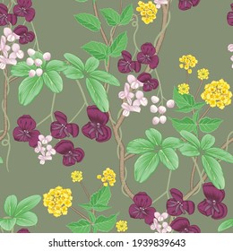 Vectoral Seamless Lantana Camara and Akebia Quinata Flower with Tree Branch Background