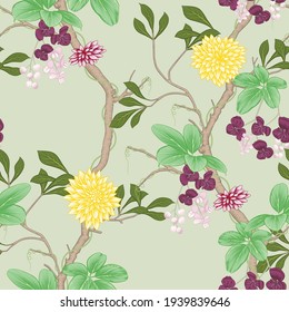 Vectoral Seamless Lantana Camara and Akebia Quinata Flower with Tree Branch Background