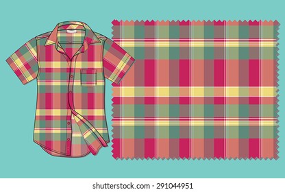 Vectoral short sleeve shirt with plaid pattern.