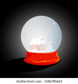 Vectoral Snow Globe Illustration. House and Snowman. Dark Background.
