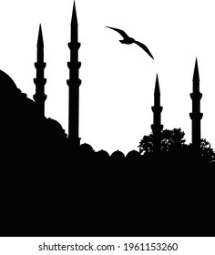 VECTORALLY PREPARED SULEYMANIYE MOSQUE AND BIRD