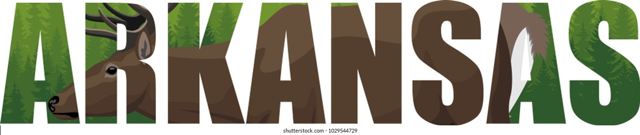 vectorArkansas - American state word with deer and forest woodland