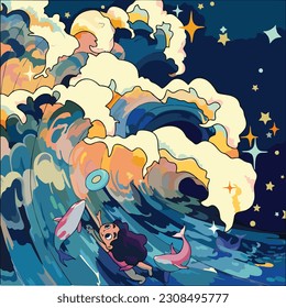 Vector-based boy swimming at waves pictures are captivating and visually dynamic representations of the joy and exhilaration of swimming in the ocean.