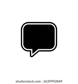 A vector-based illustration of a black speech bubble icon. Its design has rounded corners and a classic tail, indicative of communication or thought representation.