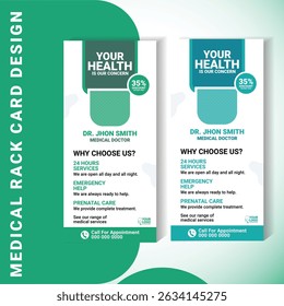 Cartão de rack médico com base em vetor para promover serviços clínicos, consultas e informações de emergência. Esse layout vertical inclui um plano de ação, detalhes de contato e ícones de assistência médica.