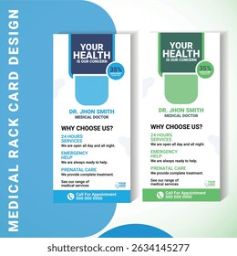 Cartão de rack médico com base em vetor para promover serviços clínicos, consultas e informações de emergência. Esse layout vertical inclui um plano de ação, detalhes de contato e ícones de assistência médica.