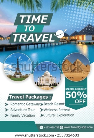 A vector-based, modern travel flyer featuring vacation packages like romantic getaways, beach resorts, and family vacations. The clean design and vibrant visuals make it professional and appealing.

