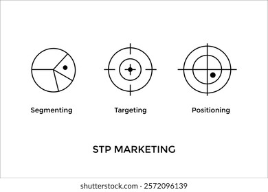 A vector-based representation of STP marketing with icons illustrating segmentation, audience targeting, and positioning for effective branding and strategic decision-making.