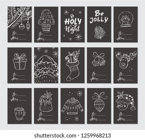 Vectorbig set of Christmas season greeting cards. Chalkboard effect. Santa Claus, reindeer, snow man, cute Christmas decorations. Scrapbooking, infographics.