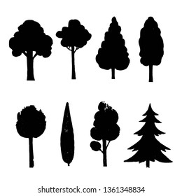 Vectorblack and white hand drawn illustration of tree silhouettes collection