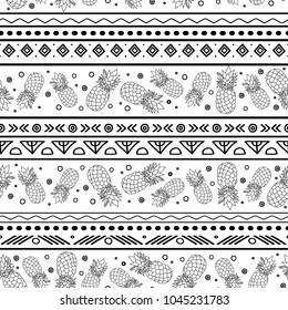 Vectorblue black and white tribal pineapples stripes seamless pattern background. Great for fabric, wallpaper, invitations, scrapbooking.