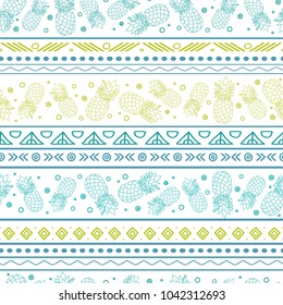 Vectorblue green tribal pineapples stripes seamless pattern background. Great for fabric, wallpaper, invitations, scrapbooking.