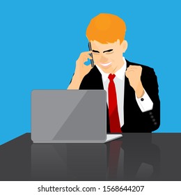vector,business man talk on mobile phones on the desk and the smiling and happy face