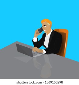 vector,business man talk on mobile phones on the desk and the smiling and happy face