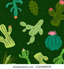 Vector.Cacti Pattern.Set of Cacti,with Flower.Desert.Flowers.Doodle. banner, green mexican, exotic, summer, home cactus. Flat, cartoon style. Icon, Icons, Logo. on a dark green background. EPS 10