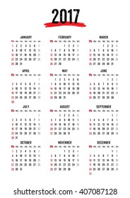 Vector,Calendar 2017,12 month in Grunge text style,week start Sunday,Calendar template