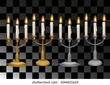 Vector.Candles in the candlestick. Retro candle holder in bronze and silver, iron lamps in old style. Illustrations in 3D