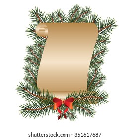 Vector.Christmas scroll with a bow and fir branches on a white background