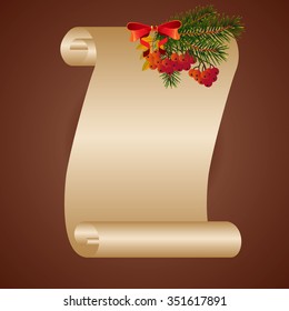 Vector.Christmas scroll with a branch of mountain ash, bow and fir branch
