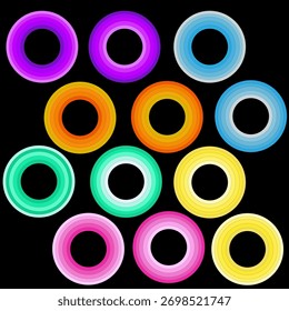 vector,Collection of glowing circular gradient rings in bright pastel colors on dark background. Great for modern backgrounds, tech designs, or abstract patterns.