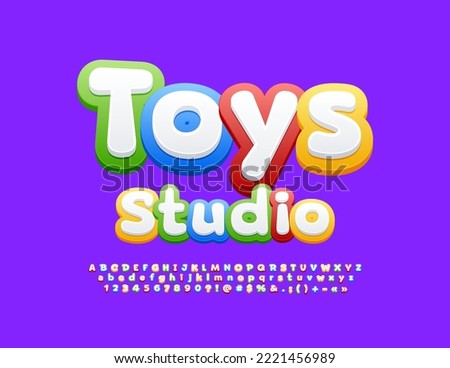 Vectorcolorful emblem Toys Studio. Cute kids Font. Bright set of Alphabet Letters and Numbers
