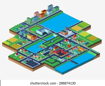 Vector.Colorful isometric city with lots of buildings. Isolated on white. Bird's-eye view. 